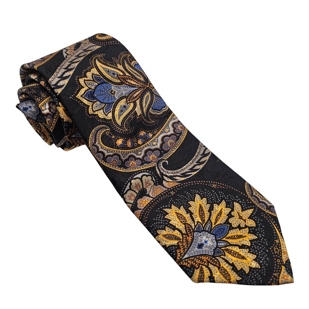 Robert Talbott Estate Silk Tie Black Gold Paisley Medallion Luxury Designer USA